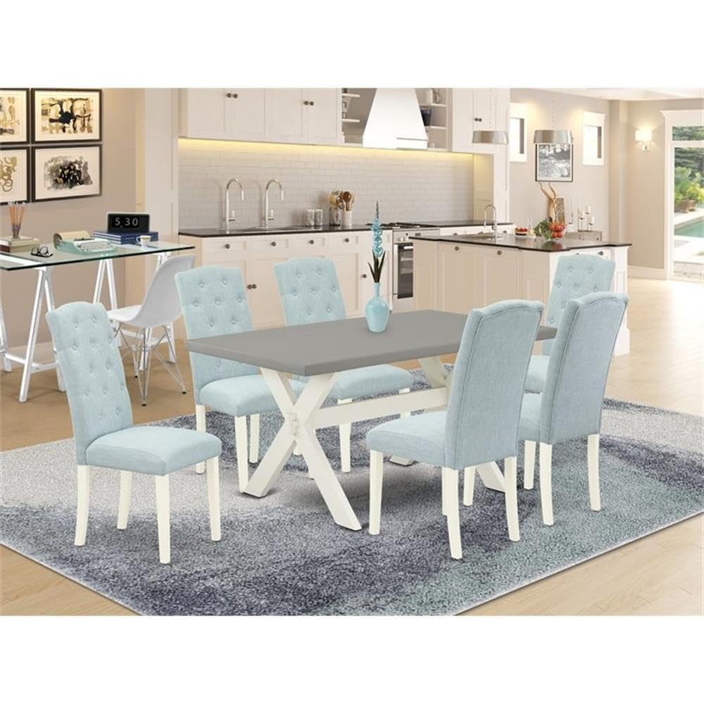 East West Furniture X096Ce215-7 7 Piece Dining Table Set Consist Of A Rectangle Dining Room Table With X-Legs And 6 Baby Blue Linen Fabric Upholstered Chairs, 36X60 Inch, Multi-Color